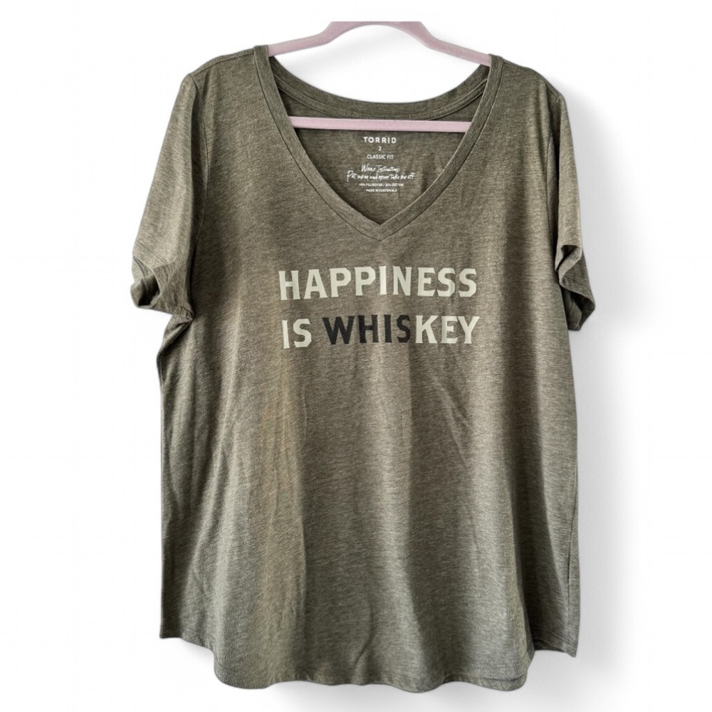 Torrid Happiness Is Whiskey Graphic Tee Olive Green V-Neck T-Shirt Size 2X